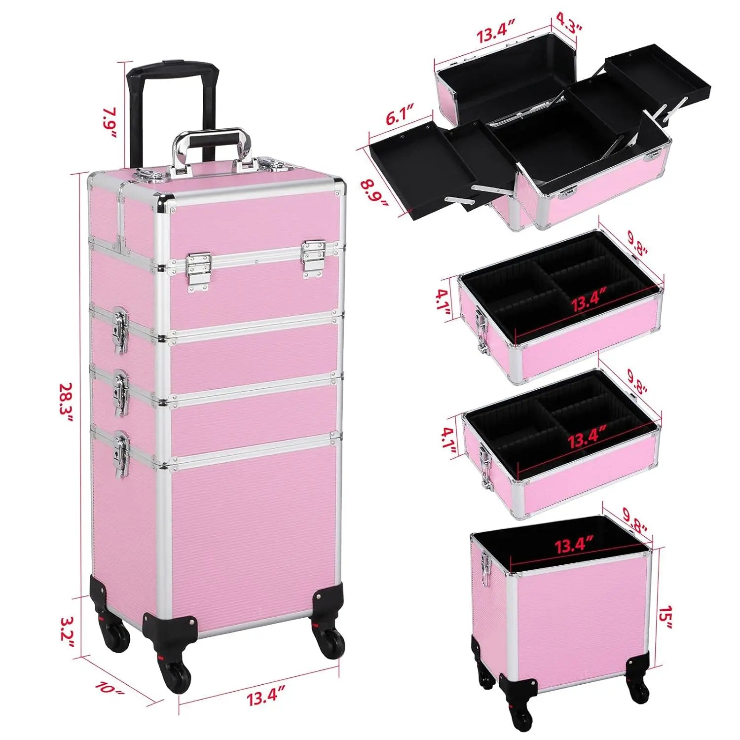 4-in-1 Rolling Cosmetic Trolley with Removable Wheels, Pink Makeup Case Organizer for Travel
