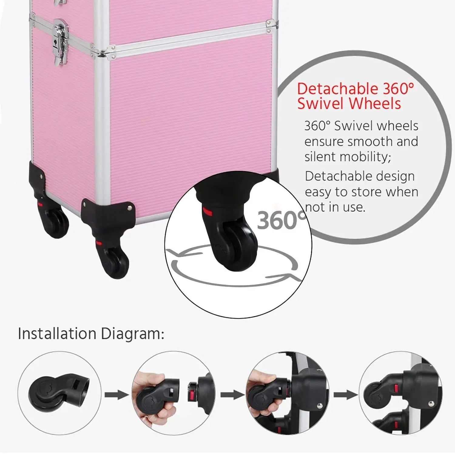 4-in-1 Rolling Cosmetic Trolley with Removable Wheels, Pink Makeup Case Organizer for Travel