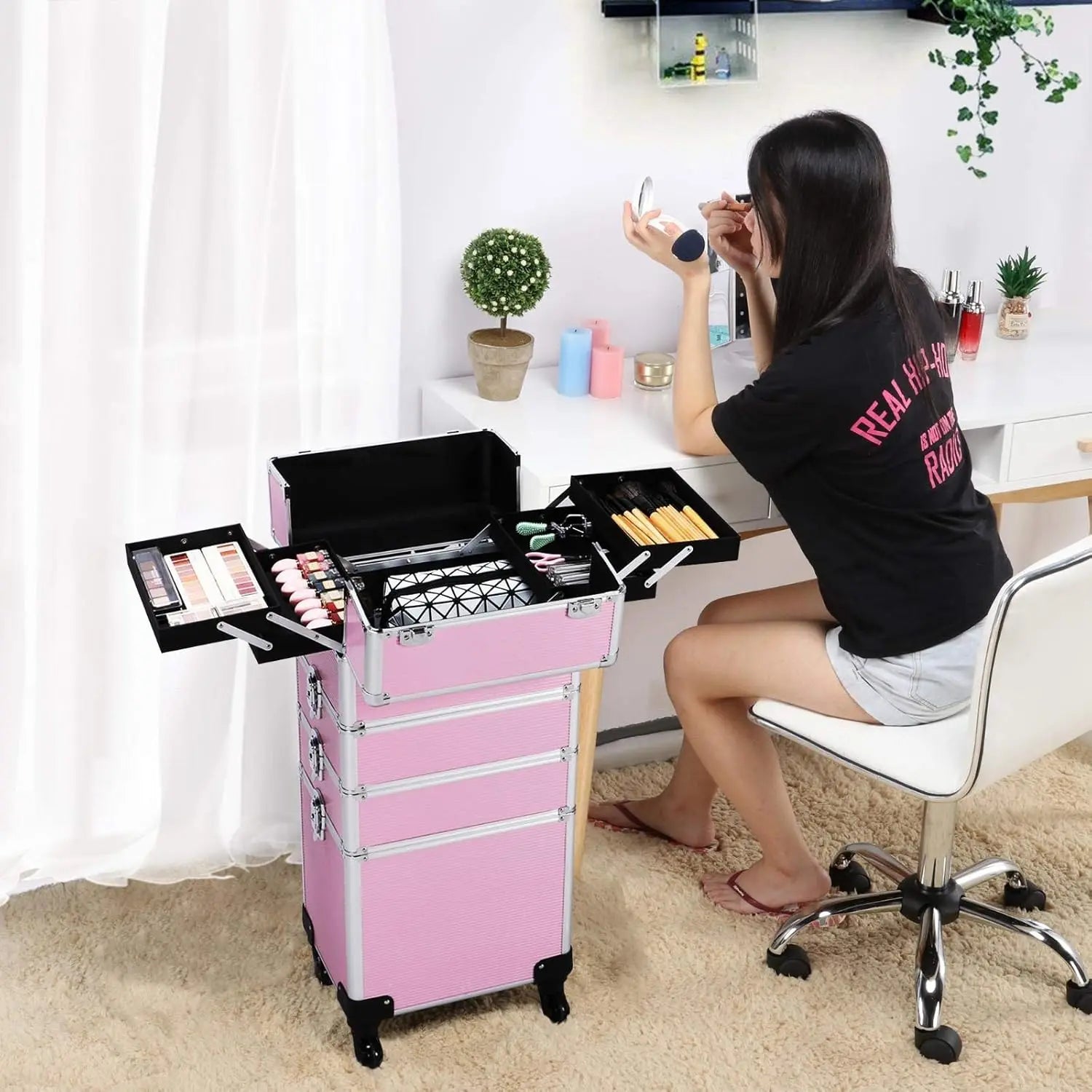 4-in-1 Rolling Cosmetic Trolley with Removable Wheels, Pink Makeup Case Organizer for Travel