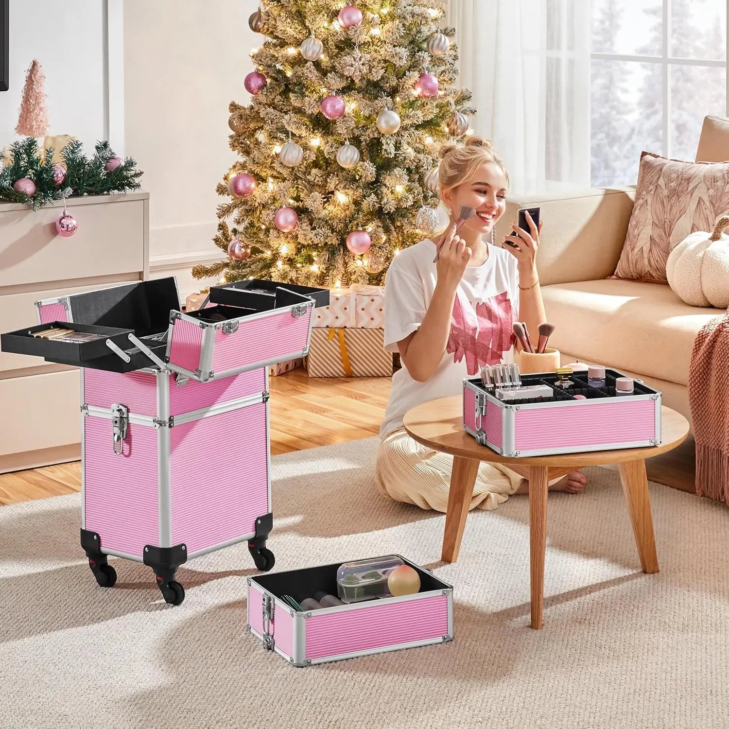 4-in-1 Rolling Cosmetic Trolley with Removable Wheels, Pink Makeup Case Organizer for Travel
